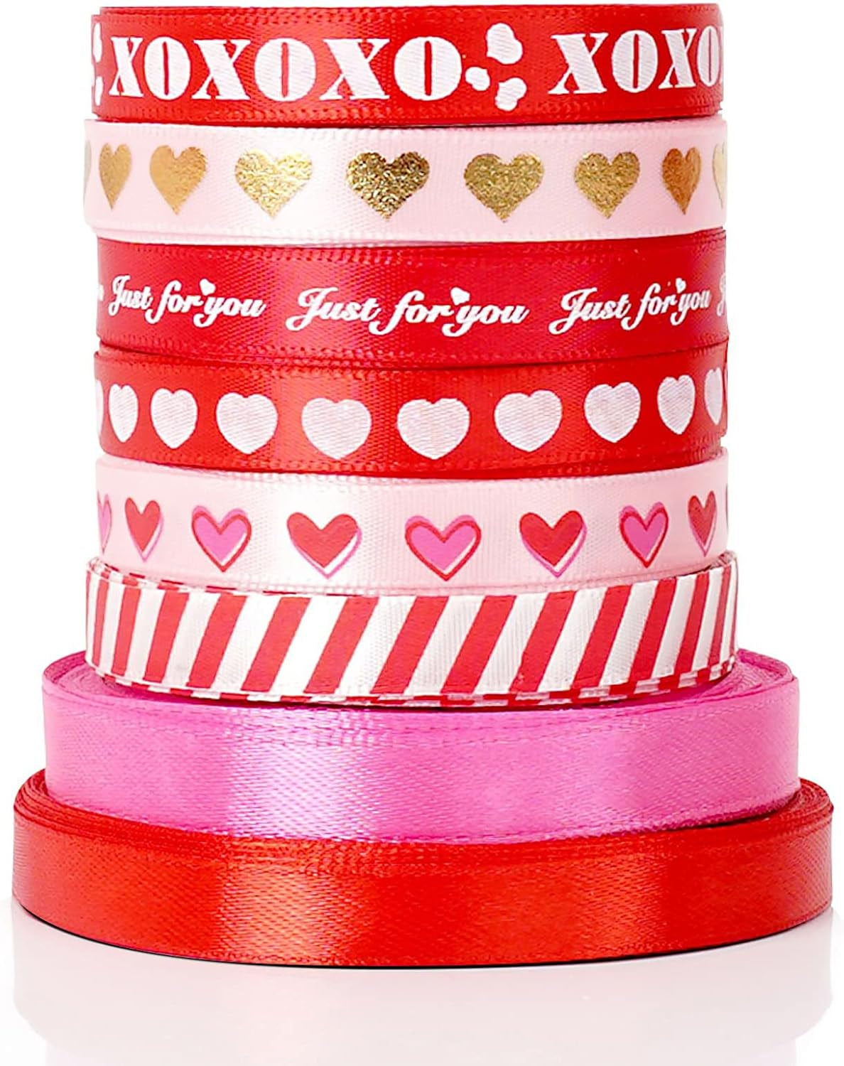 8 Rolls Valentine'S Heart Ribbons - Satin, Red, 3/8IN*110YD, Valentines Curling Wrapping Ribbons in Bulk DIY Craft Supplies Valentines Decorations Gift Ribbon