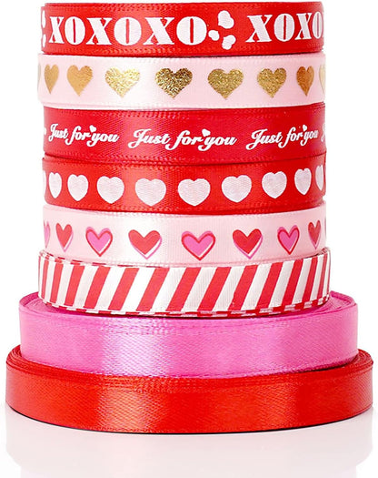 8 Rolls Valentine'S Heart Ribbons - Satin, Red, 3/8IN*110YD, Valentines Curling Wrapping Ribbons in Bulk DIY Craft Supplies Valentines Decorations Gift Ribbon